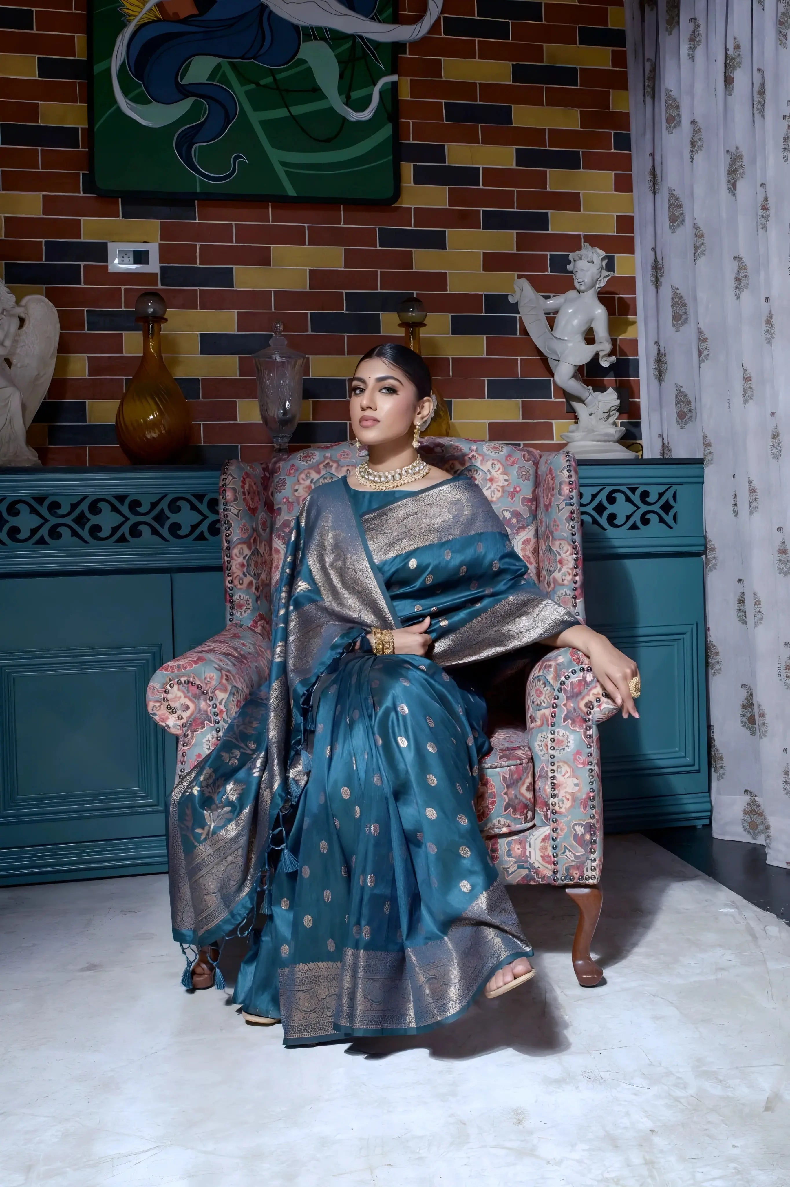 Rama Blue Banarasi Raw Silk Zari Weaving Saree